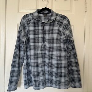 Eddie Bauer Women’s Med Plaid Fleece Pullover Quarter Zip Blue Gray Cozy Jacket